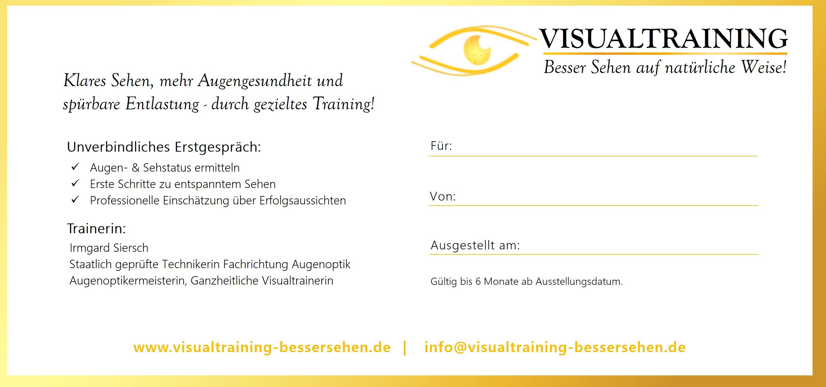 Gutschein Rückseite Geschenk-Gutschein Rückseite, Visualtraining kennenlernen, das ideale Geschenk