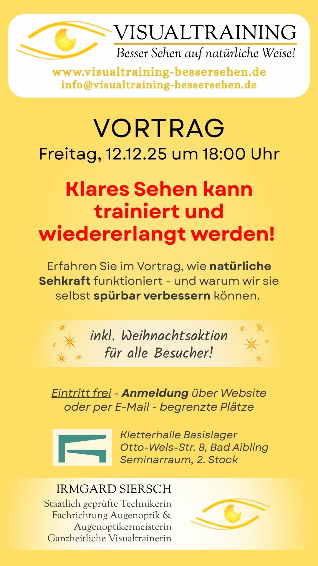 Vortrag, 12.12.25 um 18:00 Uhr, Klares Sehen kann trainiert und wiedererlangt werden!  Ort: Kletterhalle Bad Aibling, Seminarraum 2.Stock